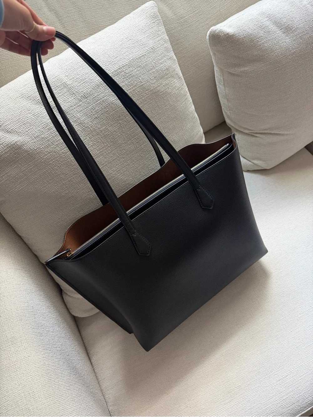 Quince Black Leather Reversible Tote with Brown Interior